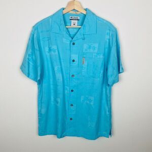 Columbia Blue River Lodge Palm Hawaiian Short Sleeve Button Up Shirt, Size M